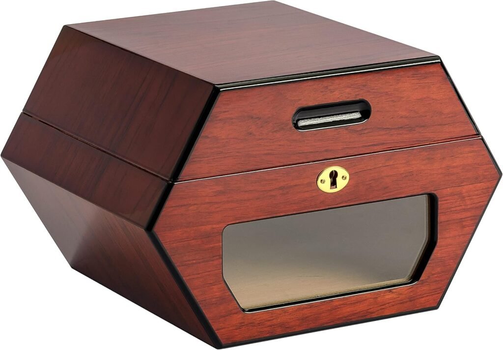 Hexagonal High-Gloss Mahogany Display Humidor with Digital Hygrometer